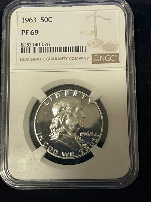 1963 P NGC PF69 SILVER PROOF BEN FRANKLIN HALF DOLLAR 50c 90% SILVER